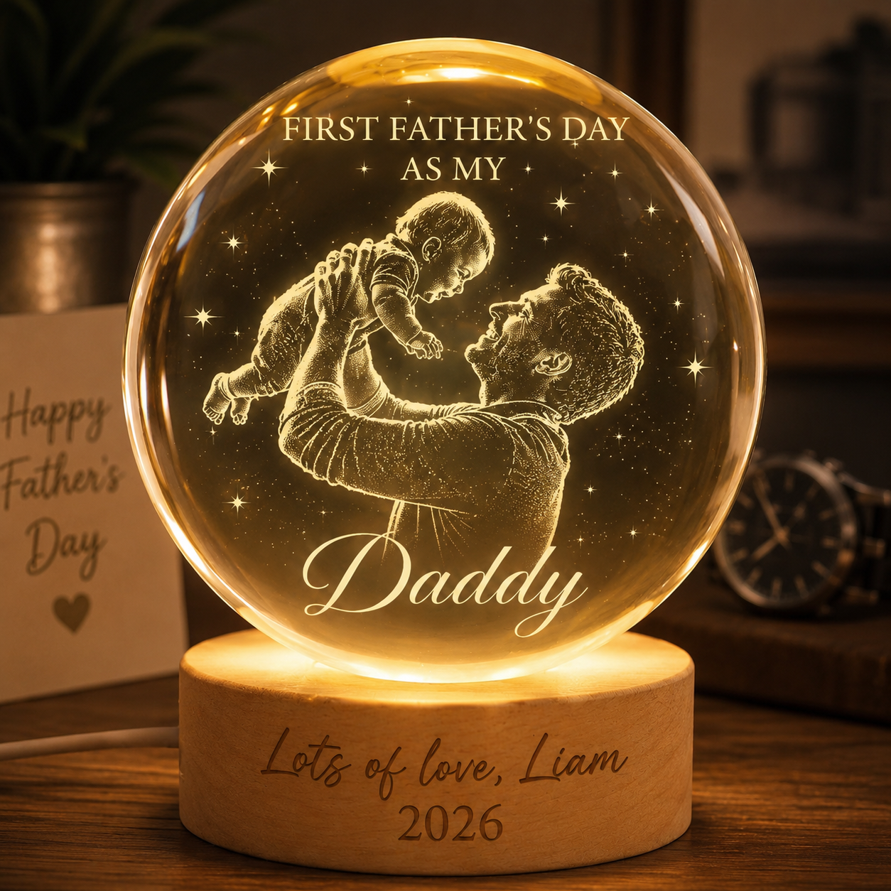 Custom Dad Photo Crystal Ball Light, Personalized First Father's Night Light Gift For Dad THUC99