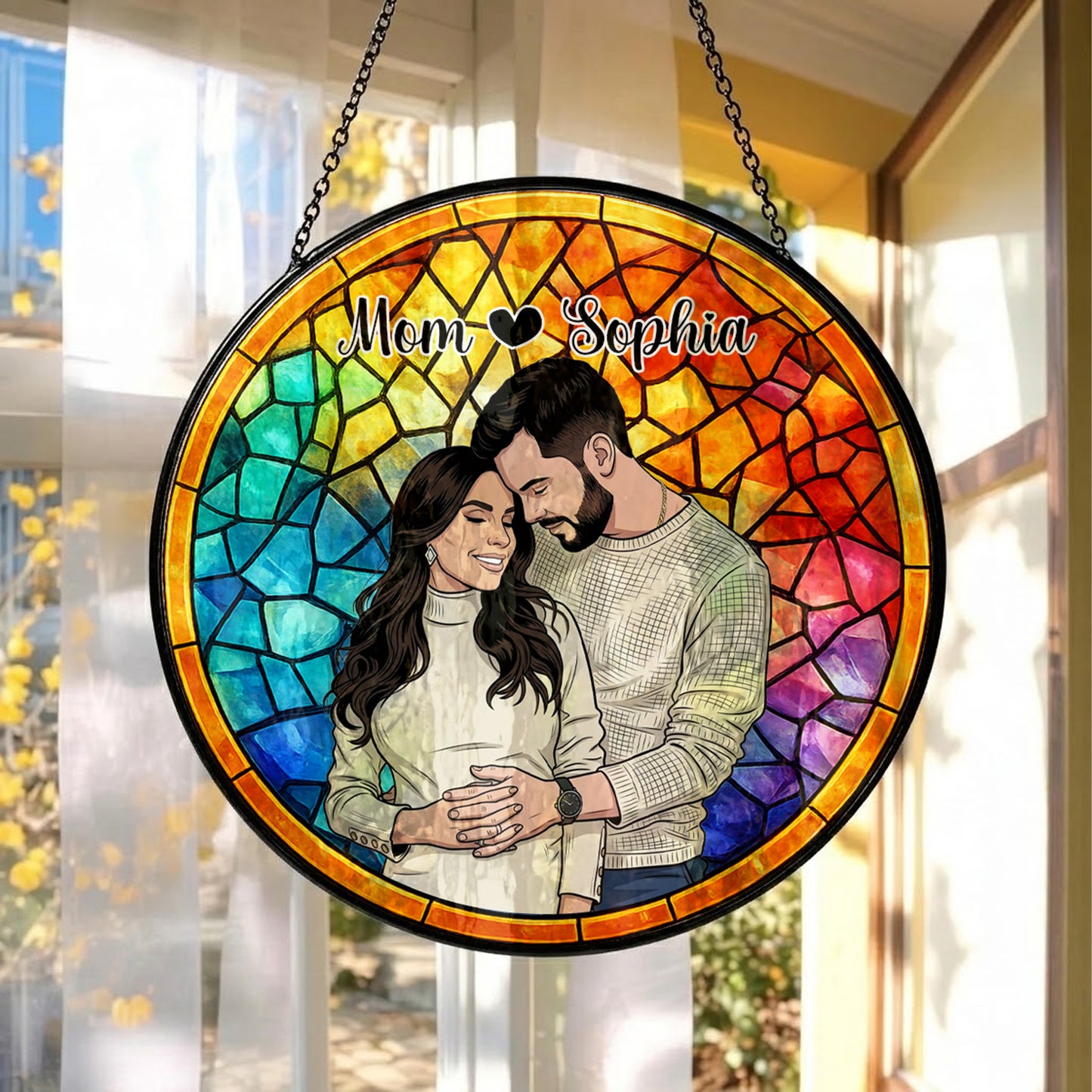 Custom Mom & Baby Photo Suncatcher – Personalized Stained Glass Window Hanging (THUC99)