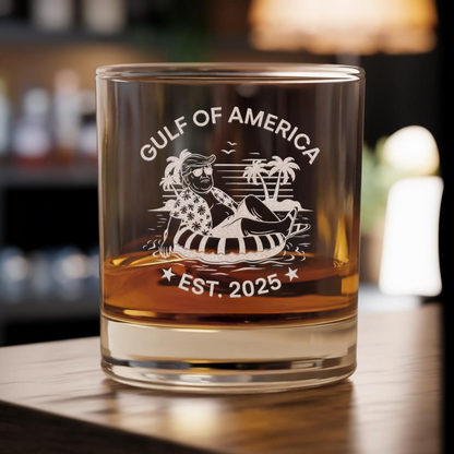 Gulf of America 2025 Whiskey Glass | Funny Trump 'Chillin' at the Gulf of America Engraved Whiskey Glass
