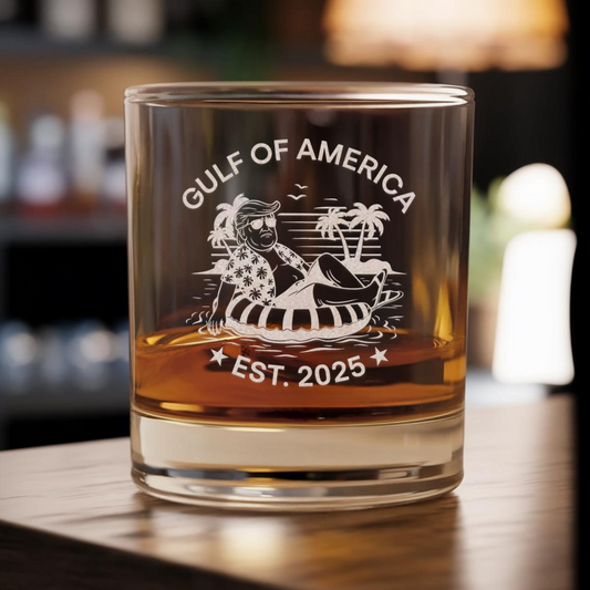 Gulf of America 2025 Whiskey Glass | Funny Trump 'Chillin' at the Gulf of America Engraved Whiskey Glass