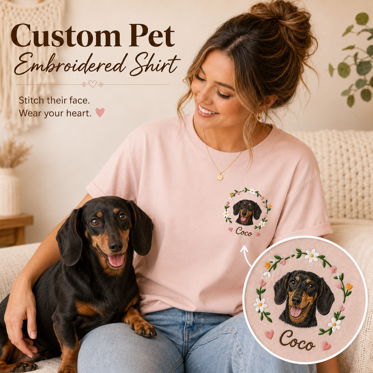 Custom Photo Dog Embroidered Unisex T-Shirt, Personalized Pet Portrait Shirt, Dog Mom Dad Gift THUC99