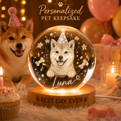 Custom Pet Crystal Ball Night Light, Personalized Dog Birthday Photo Lamp, Pet Memorial Gift THUC99
