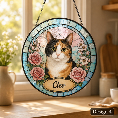 Custom Photo Cat Stained Glass Suncatcher – Personalized Cat Portrait Window Hanging Gift THUC99