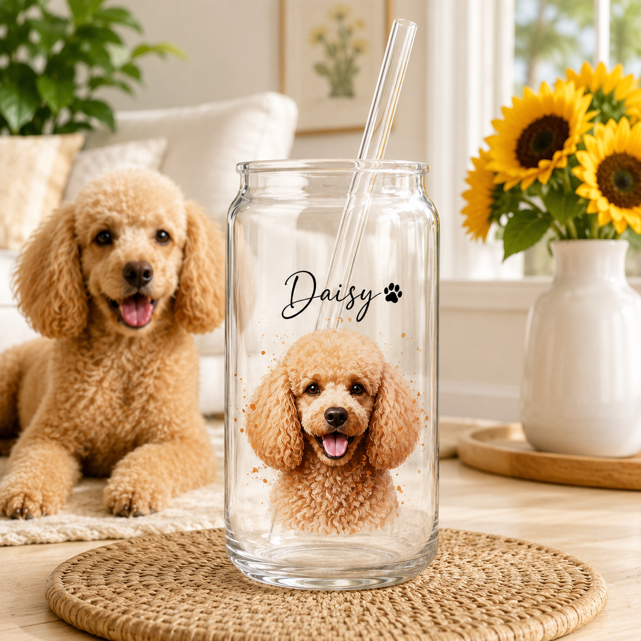 Custom Dog Photo Iced Coffee Glass – 16oz Personalized Cup with Bamboo Lid THUC99