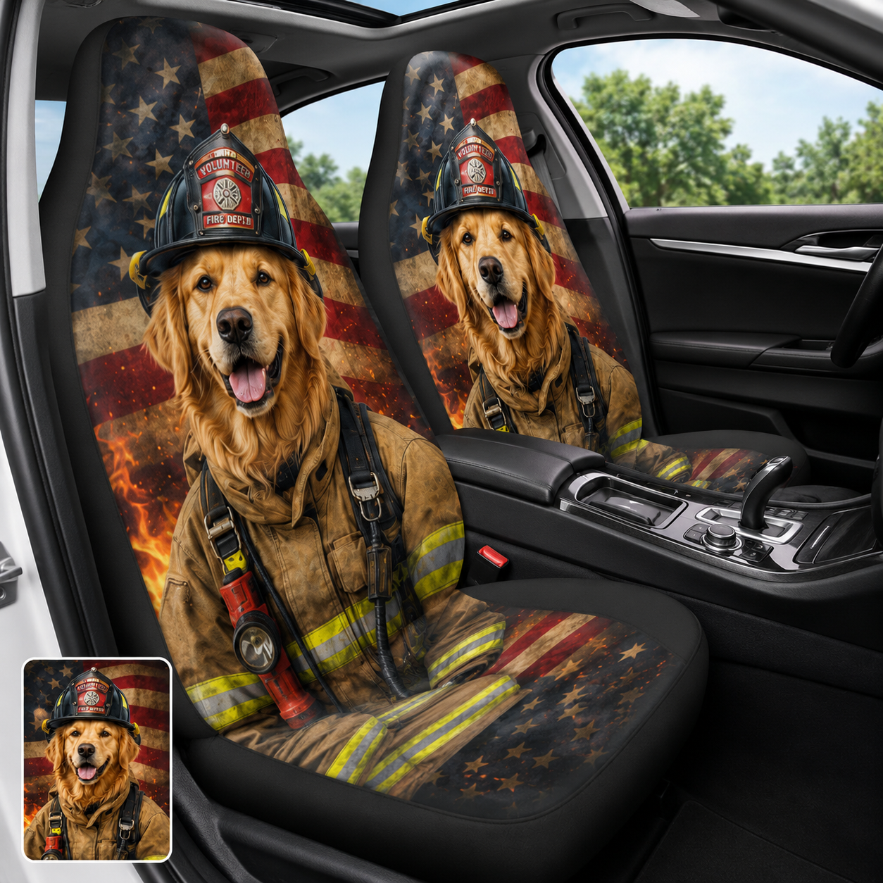 Custom Photo Dog Car Firefighter Seat Cover, Fireman Car Interior Gift For Dog Lovers THUC99