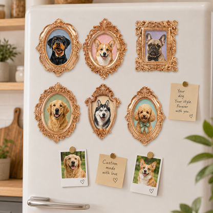 Personalized Dog Photo Magnet, Custom Pet Portrait Vintage Gold Frame Fridge Magnet THUC99
