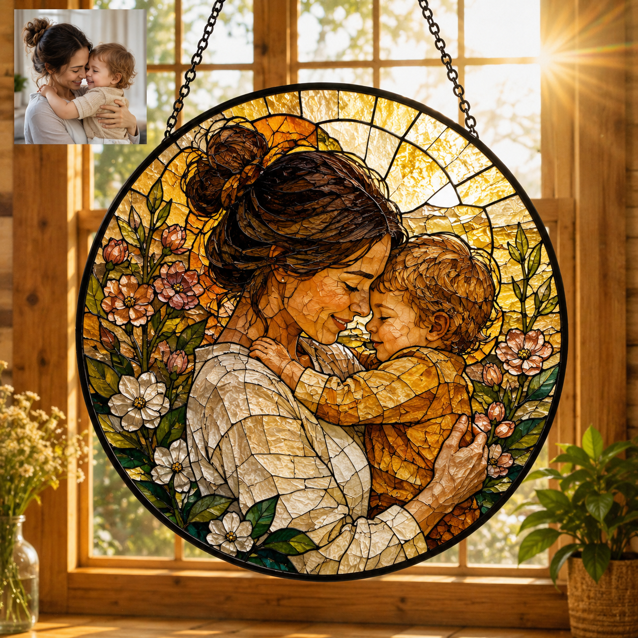 Personalized Family Photo Stained Glass Suncatcher, Custom Portrait Window Hanging Keepsake Decor THUC99