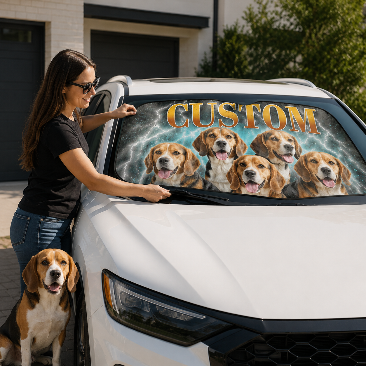 Custom Photo Pet Windshield Sunshade, Personalized Dog Car Sun Shade, Unique Auto Accessories Gift THUC99