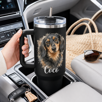 Custom Dog Portrait Travel Mug 40oz – Personalized Pet Picture Tumbler for Dog Lovers THUC99