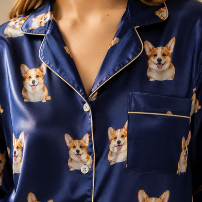 Custom Pet Portrait Satin Pajamas Set Personalized Dog Face Sleepwear Gift THUC99