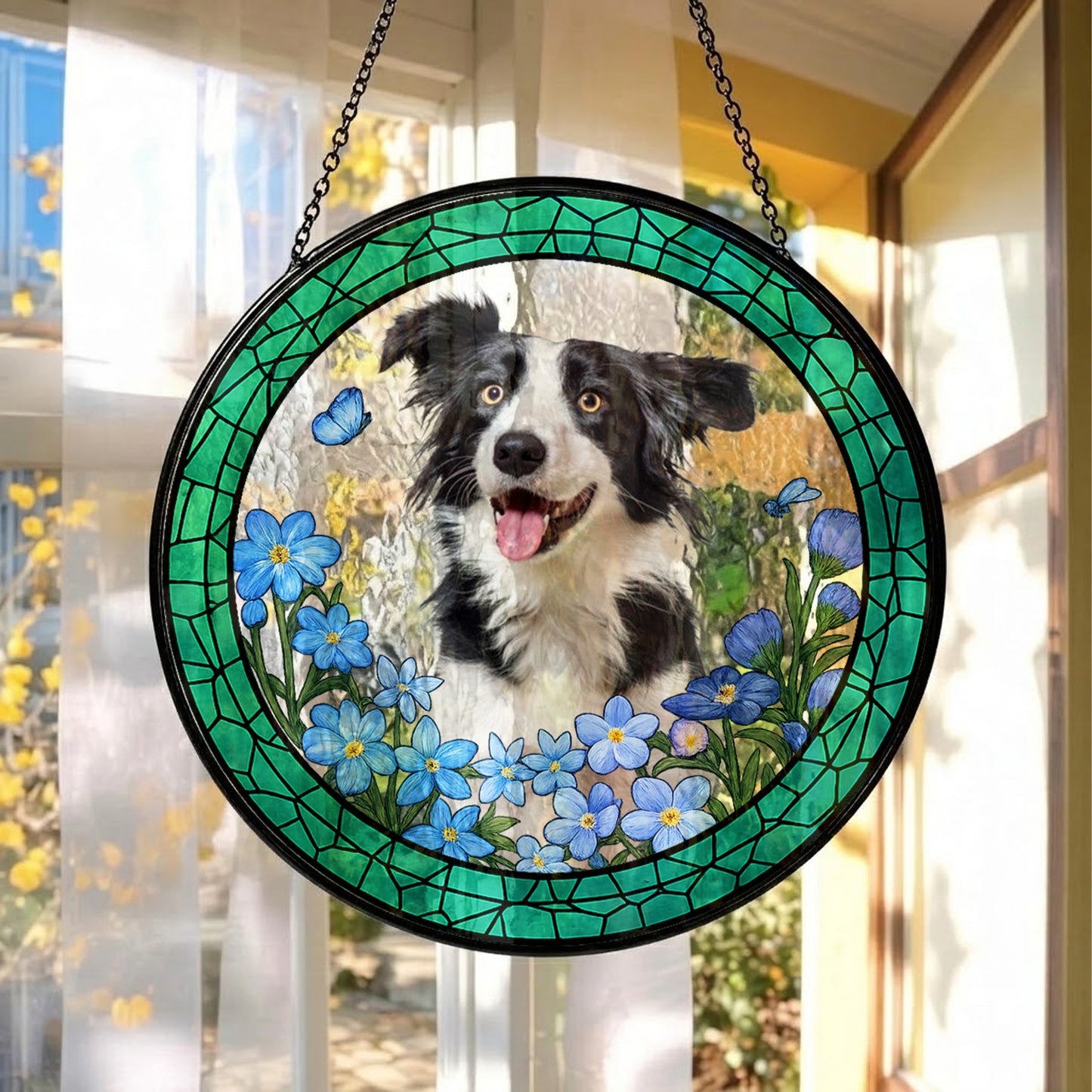 Custom Pet Photo Stained Glass Suncatcher – Personalized Dog Portrait Window Hanging (THUC99)