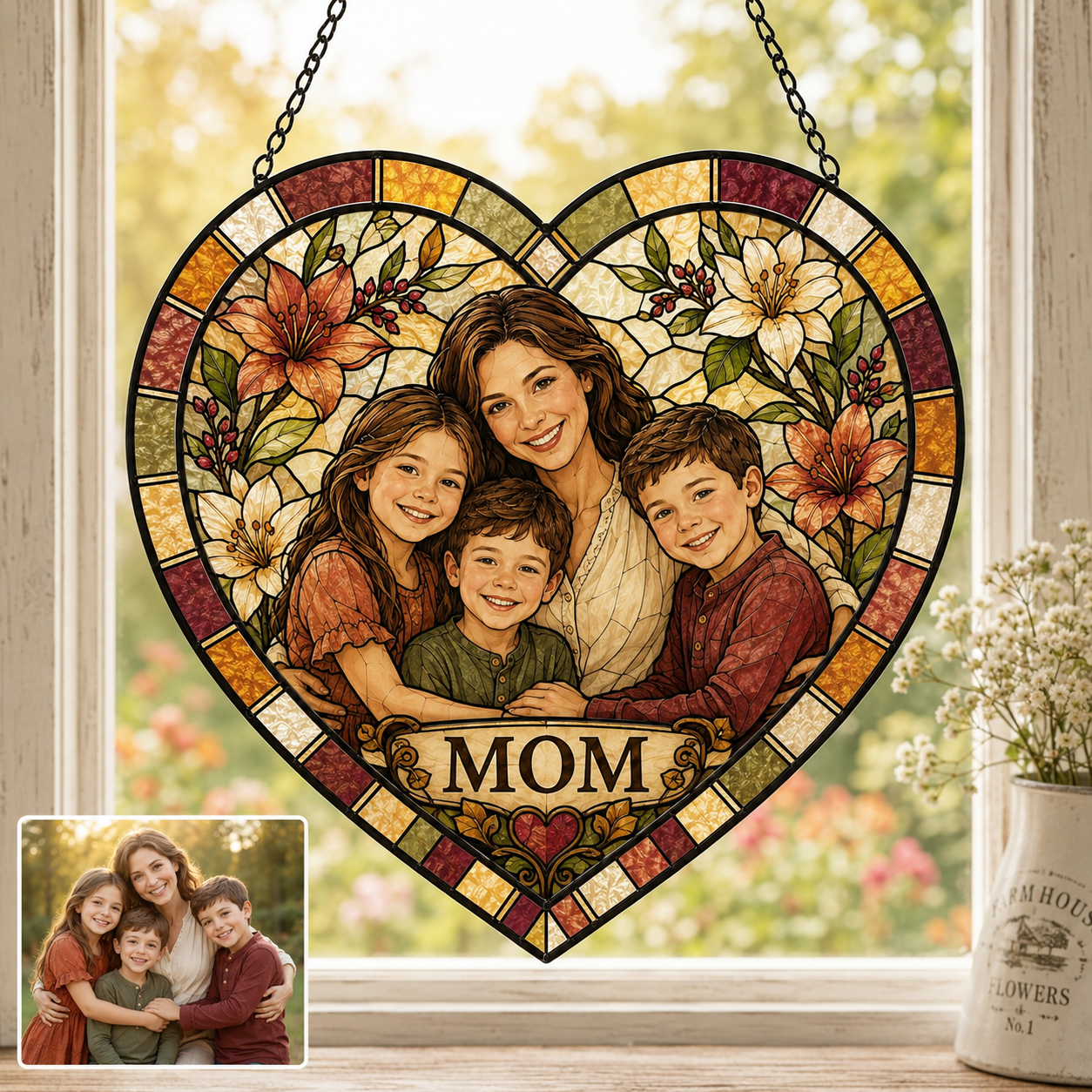 Personalized Grandma Photo Stained Glass Suncatcher, Custom Nana Gift Window Hanging Keepsake Decor THUC99
