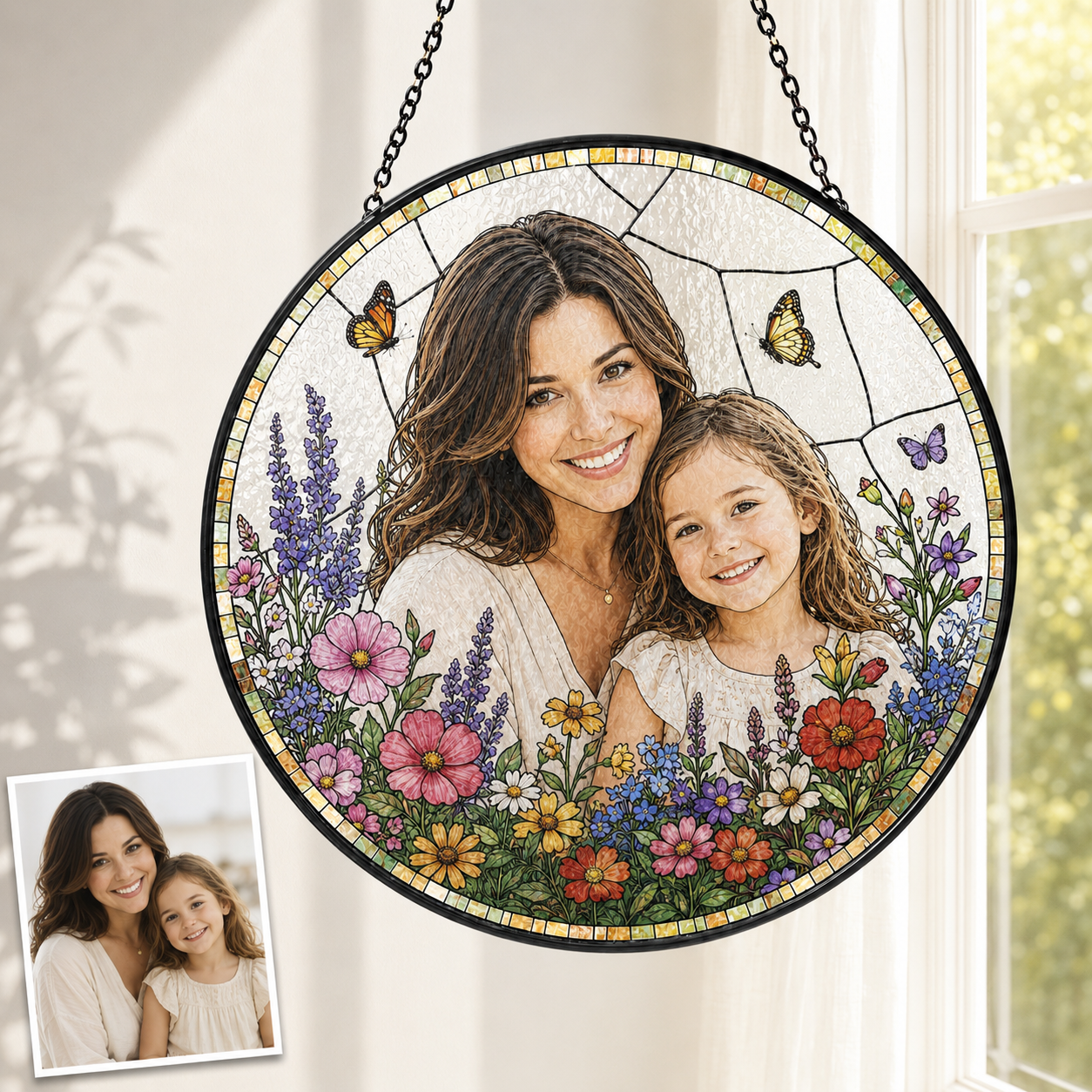 Custom Grandma Photo Stained Glass Suncatcher, Personalized Nana Portrait Window Decor Gift THUC99