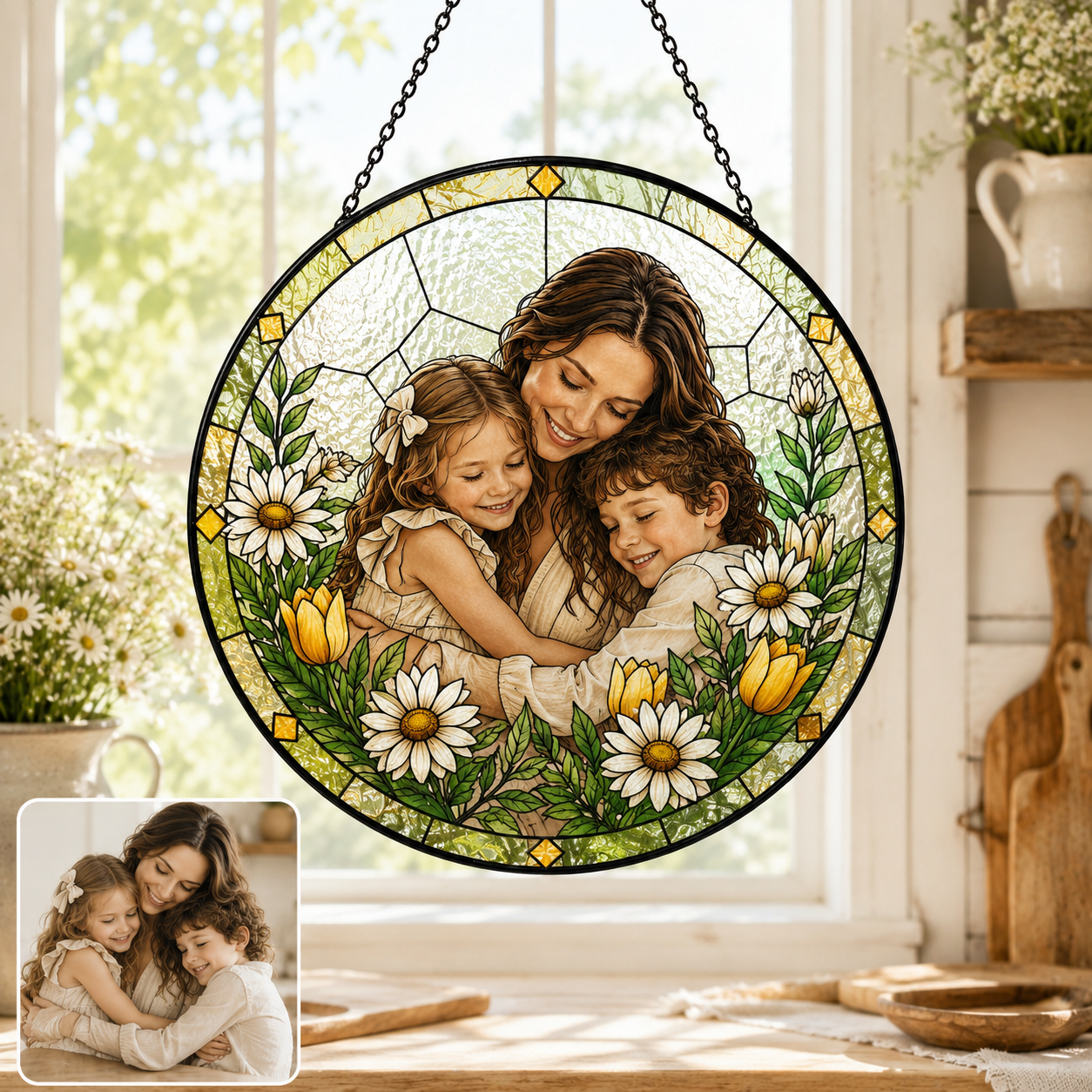 Custom Photo Mom Stained Glass Window Hanging, Personalized Mother’s Day Suncatcher Keepsake THUC99