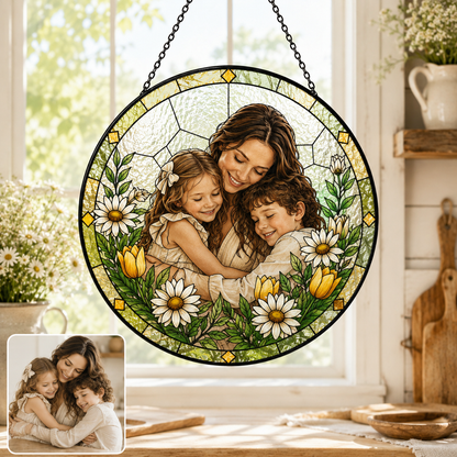 Custom Photo Mom Stained Glass Window Hanging, Personalized Mother’s Day Suncatcher Keepsake THUC99