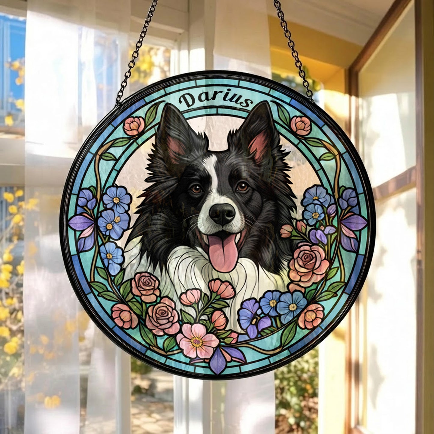 Custom Photo Dog Stained Glass Suncatcher - Personalized Pet Portrait Gift for Dog Mom, Dog Dad THUC99