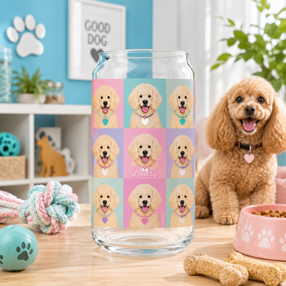 Custom Dog Photo Sipper Glass 16oz – Personalized Glass Tumbler with Bamboo Lid & Straw THUC99