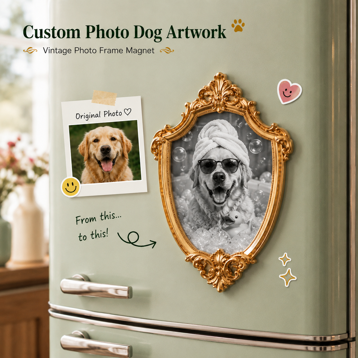 Custom Dog Artwork Magnet, Vintage Gold Photo Frame Magnet, Personalized Pet Keepsake THUC99