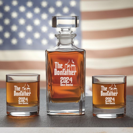 The Donfather 2024 Save America Decanter Set | Engraved 45-47th President Trump Whiskey Glass EO05