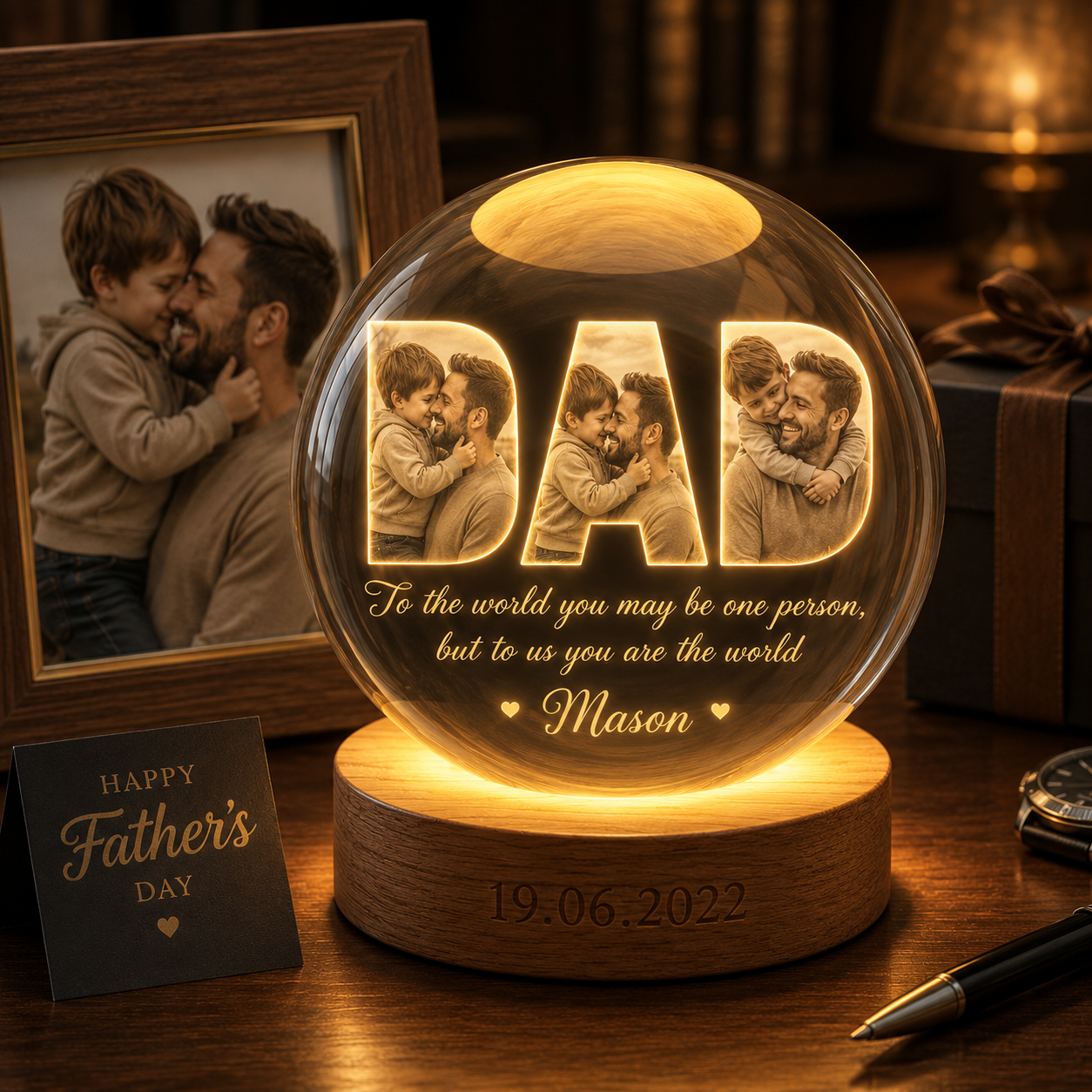 Custom Dad Crystal Ball Night Light, Personalized Photo Lamp, Father’s Day Gift For Dad THUC99