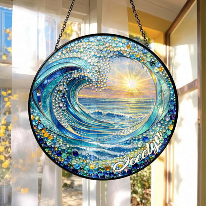 Personalized Ocean Wave Stained Glass Suncatcher – Custom Name Beach Sunset Window Hanging THUC99