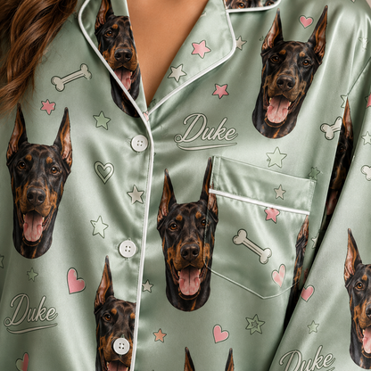 Custom Dog Photo Silk-Look Pajama Set Personalized Nightwear for Women THUC99