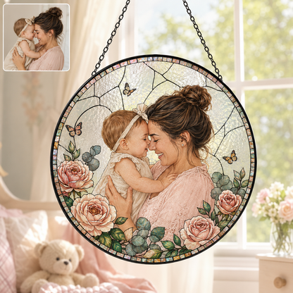 Custom Mom and Grandma Photo Glass Suncatcher, Personalized Family Portrait Window Hanging Gift THUC99