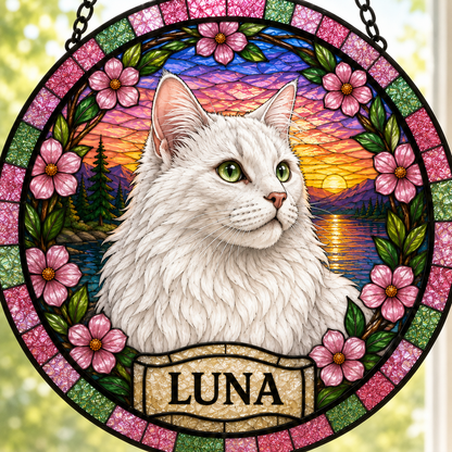 Custom Photo Cat Stained Glass Suncatcher Gift – Personalized Pet Portrait Window Decor | Cat Lover Memorial THUC99