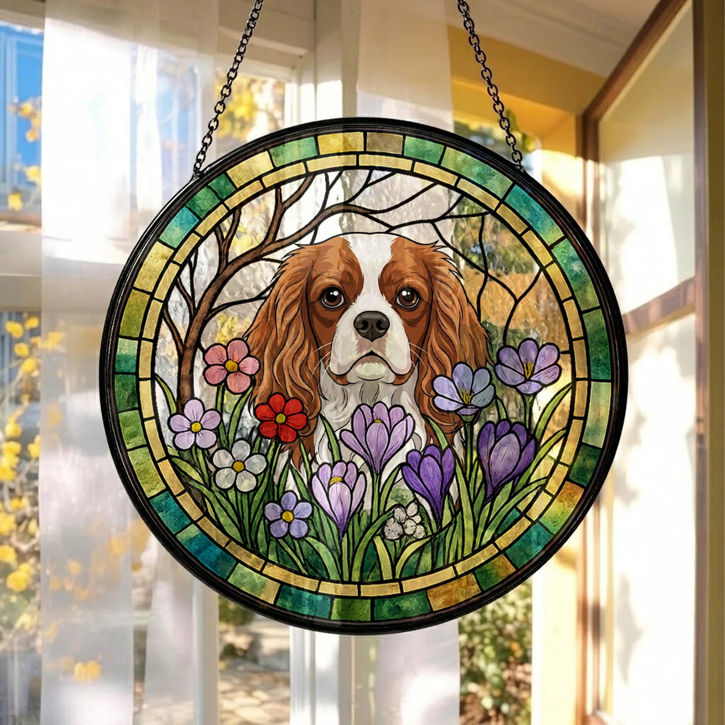 Custom Photo Dog Window Hanging – Personalized Pet Stained Glass Suncatcher Decor (THUC99)