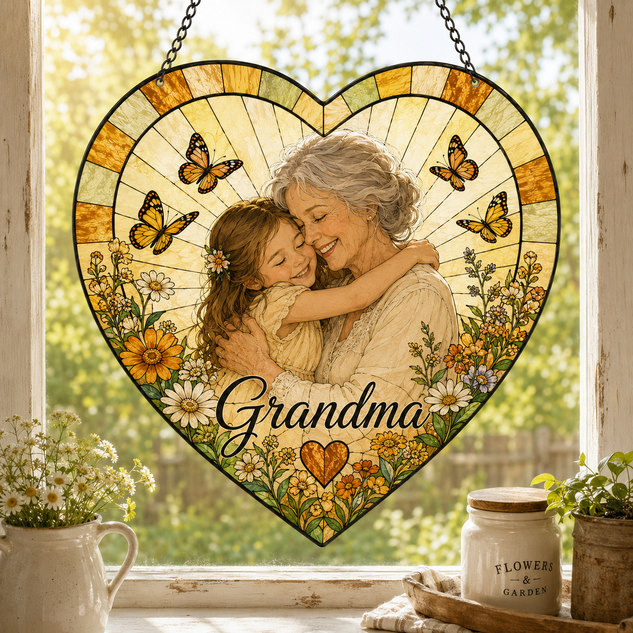 Custom Photo Mom Stained Glass Suncatcher, Personalized Mother’s Day Family Portrait Window Hanging Gift THUC99
