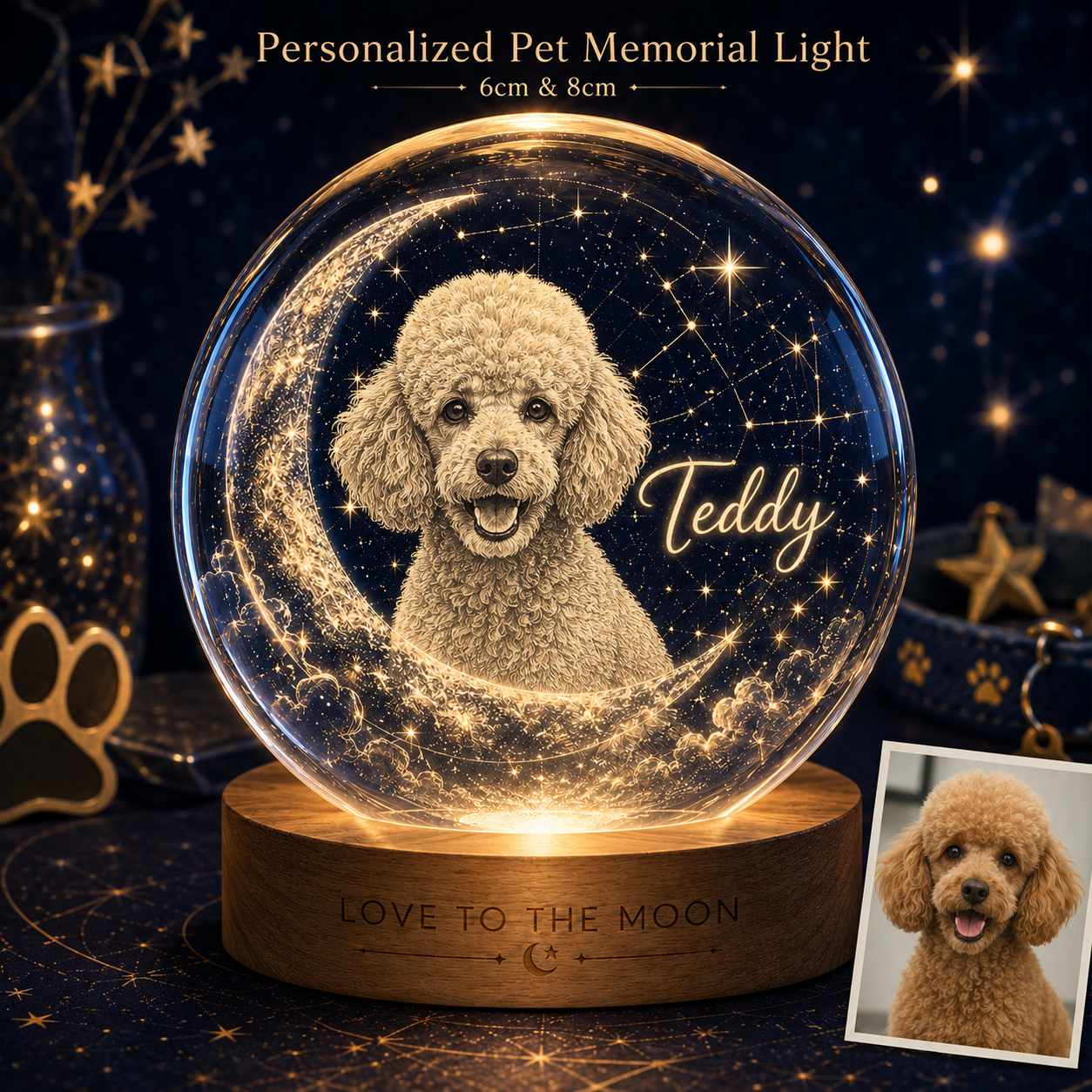 Custom Dog Photo Crystal Lamp, Personalized Pet Moon Crystal Ball Night Light, Dog Memorial Gift THUC99