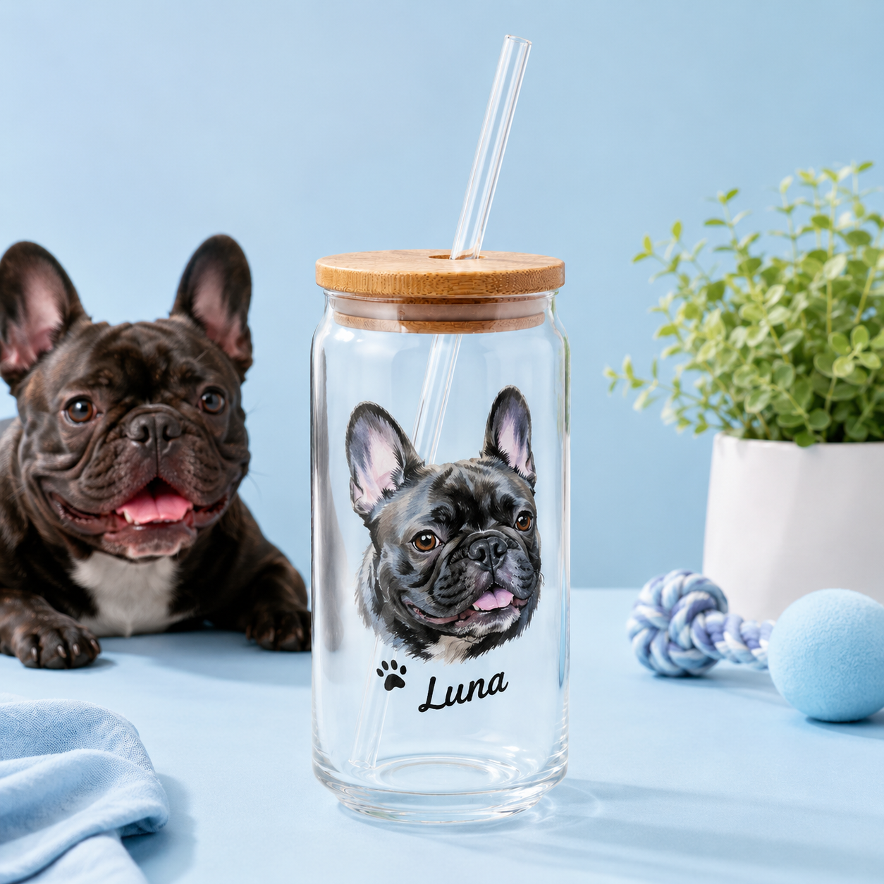 Custom Puppy Portrait Glass Cup 16oz – Personalized Tumbler with Bamboo Lid THUC99