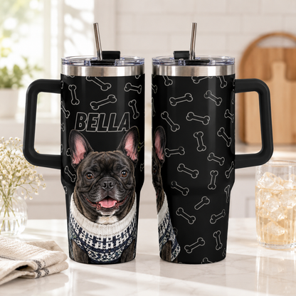 Custom Photo Dog 40oz Tumbler with Handle – Personalized Pet Portrait Travel Cup for Dog Lovers THUC99