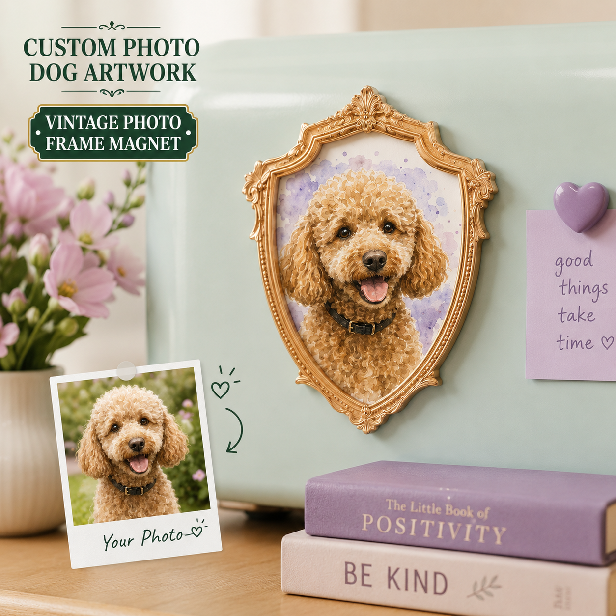 Custom Dog Vintage Photo Frame Magnet, Personalized Pet Portrait Fridge Magnet, Dog Lover Gift THUC99