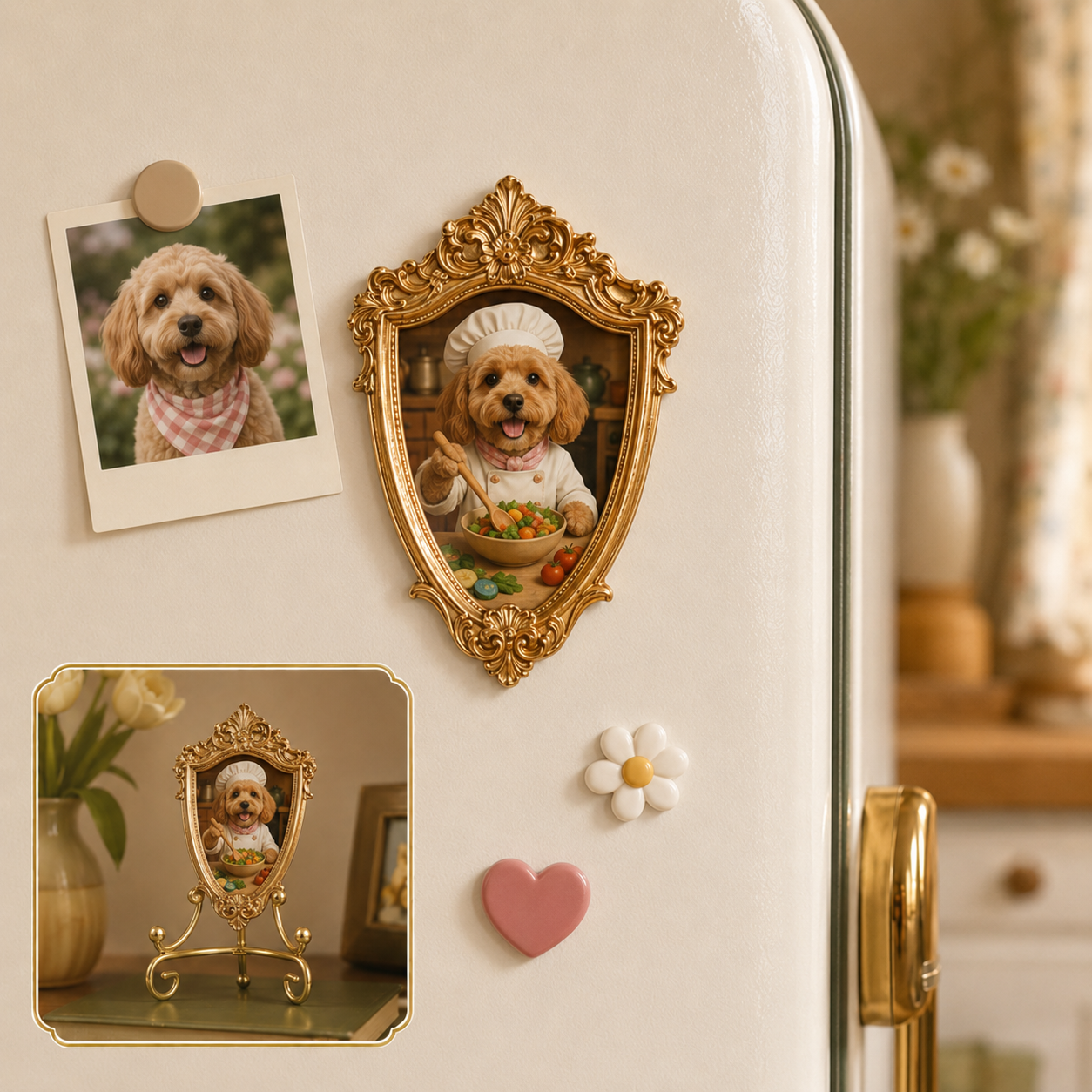 Custom Dog Photo Gold  Frame Magnet, Optional Stand Decor Gift THUC99