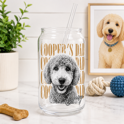 Custom Dog Picture Glass Cup – 16oz Sipper Tumbler with Bamboo Lid and Straw THUC99