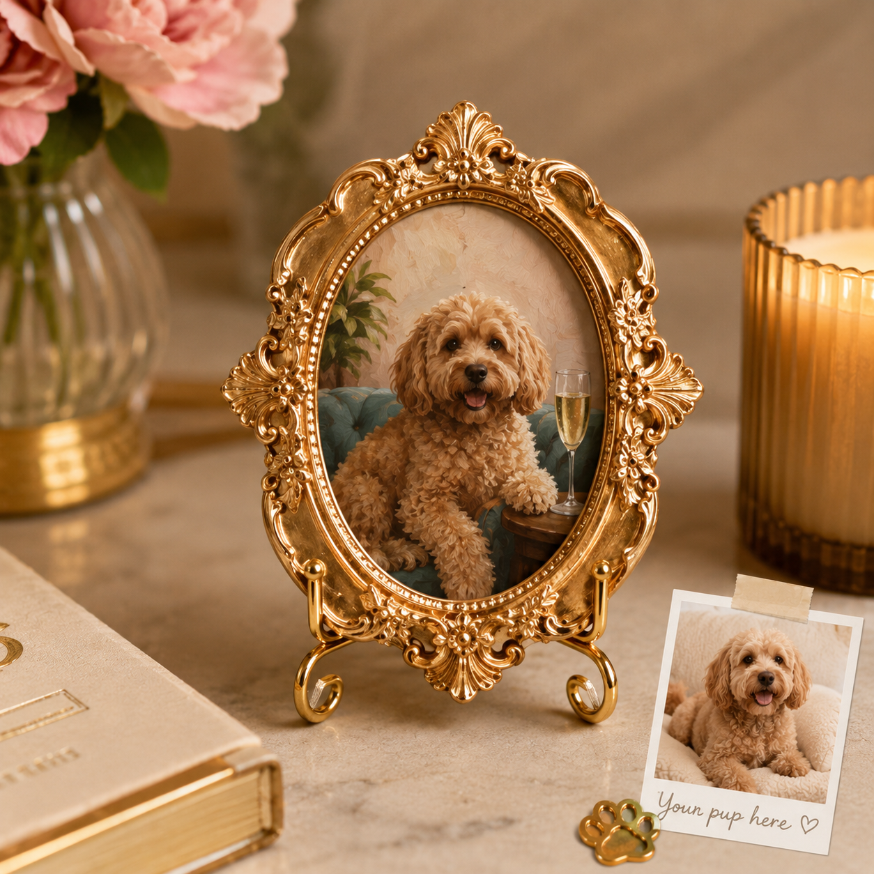 Custom Dog Drinking On Sofa Magnet, Personalized Pet Photo Vintage Frame, Dog Lover Gift THUC99
