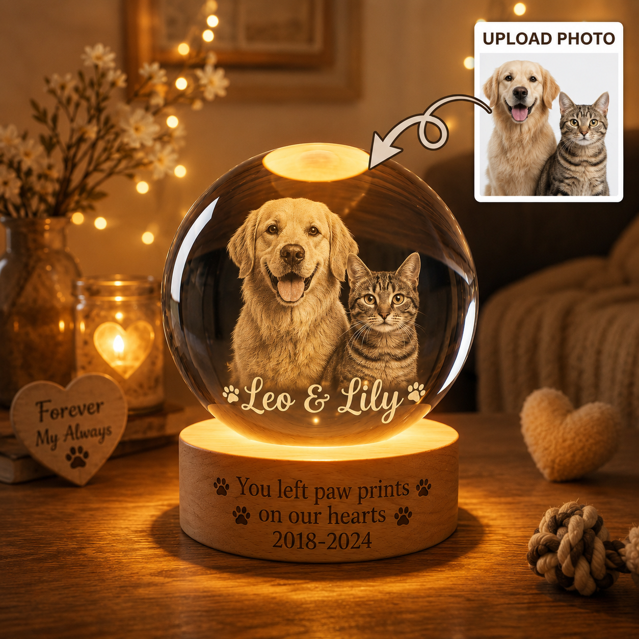 Custom Dog Night Light Crystal Ball, Personalized Pet Photo Lamp, Memorial Dog Gift THUC99