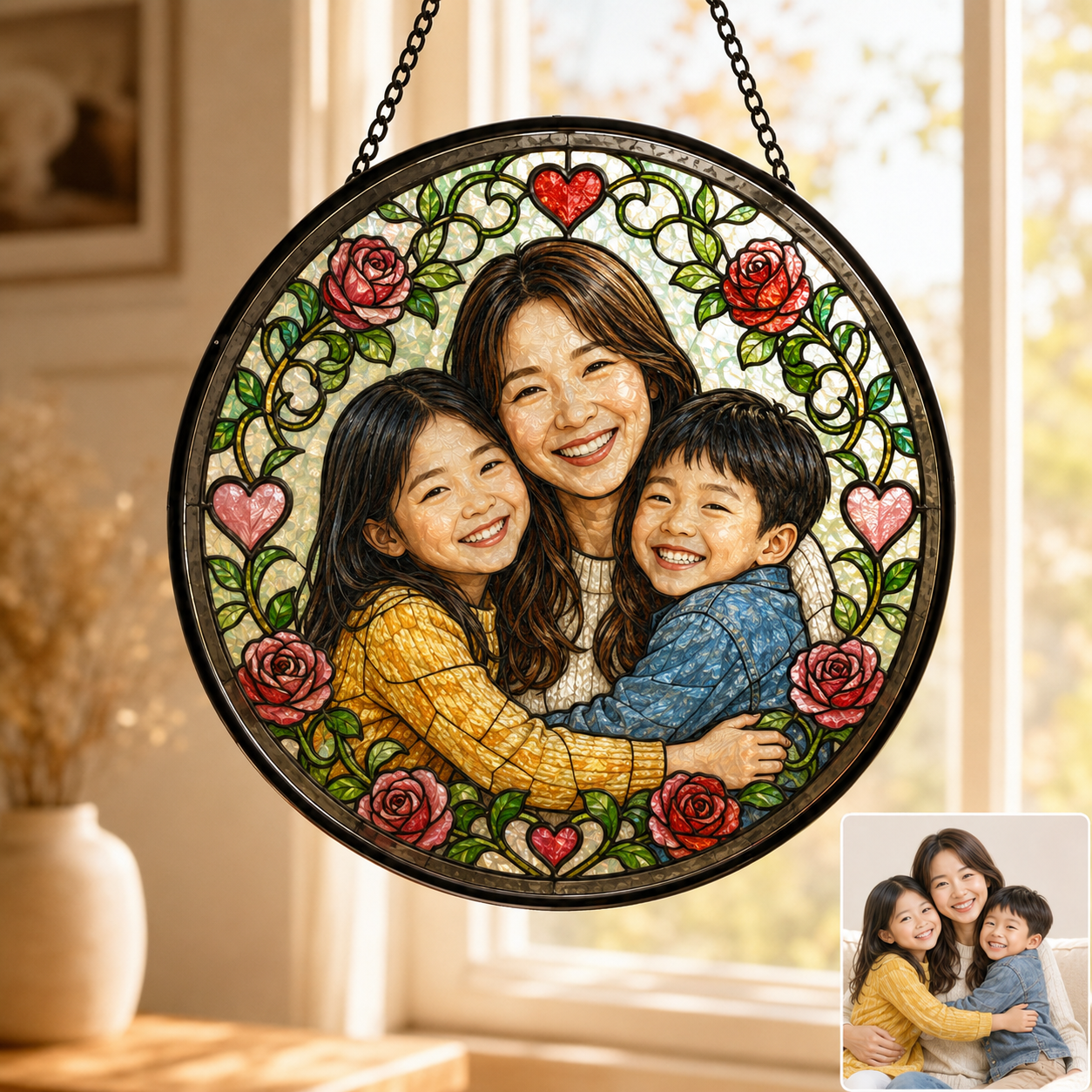 Personalized Mom Photo Stained Glass Suncatcher, Custom Mother’s Day Window Hanging Keepsake Decor THUC99