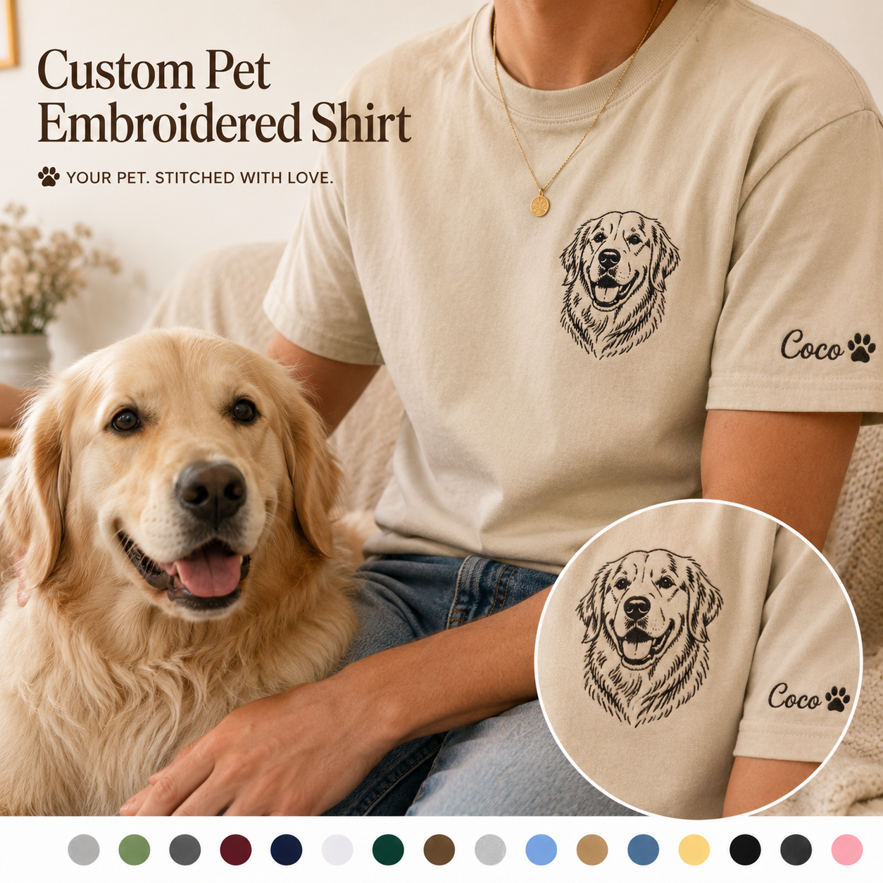Personalized Dog Photo Embroidered Shirt, Custom Pet Portrait T-Shirt, Dog Mom Gift THUC99