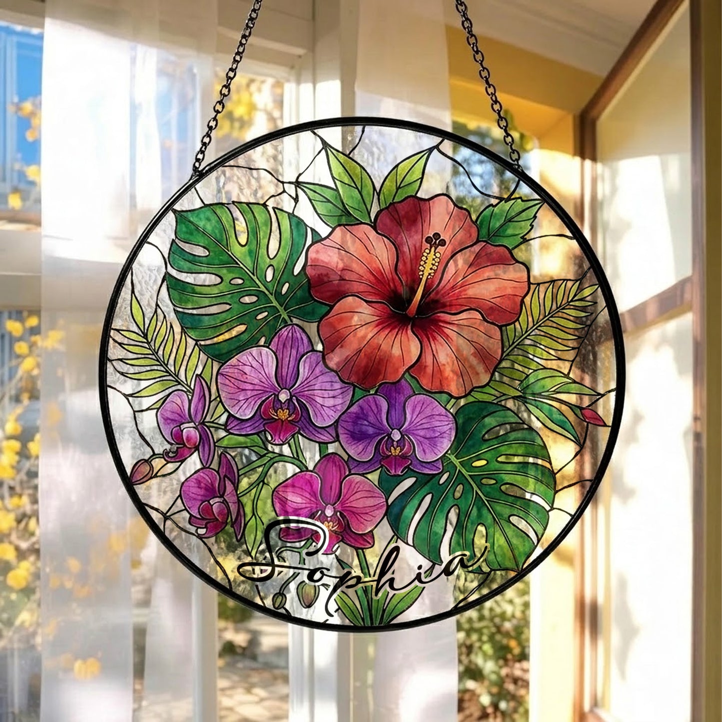 Personalized Tropical Flower Stained Glass Suncatcher – Custom Name Window Hanging, Hibiscus & Orchid Decor (THUC99)