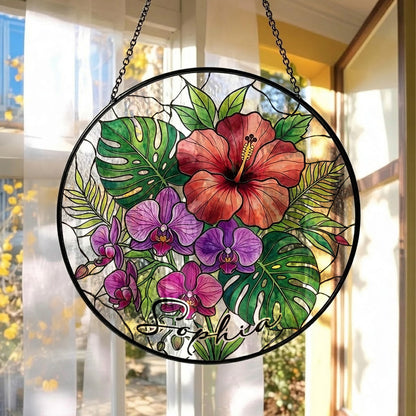 Personalized Tropical Flower Stained Glass Suncatcher – Custom Name Window Hanging, Hibiscus & Orchid Decor (THUC99)
