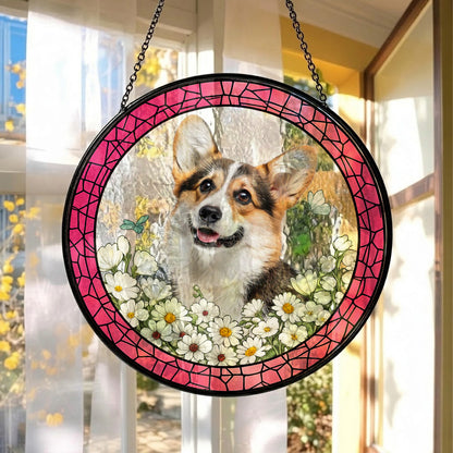 Custom Pet Photo Stained Glass Suncatcher – Personalized Dog Portrait Window Hanging (THUC99)