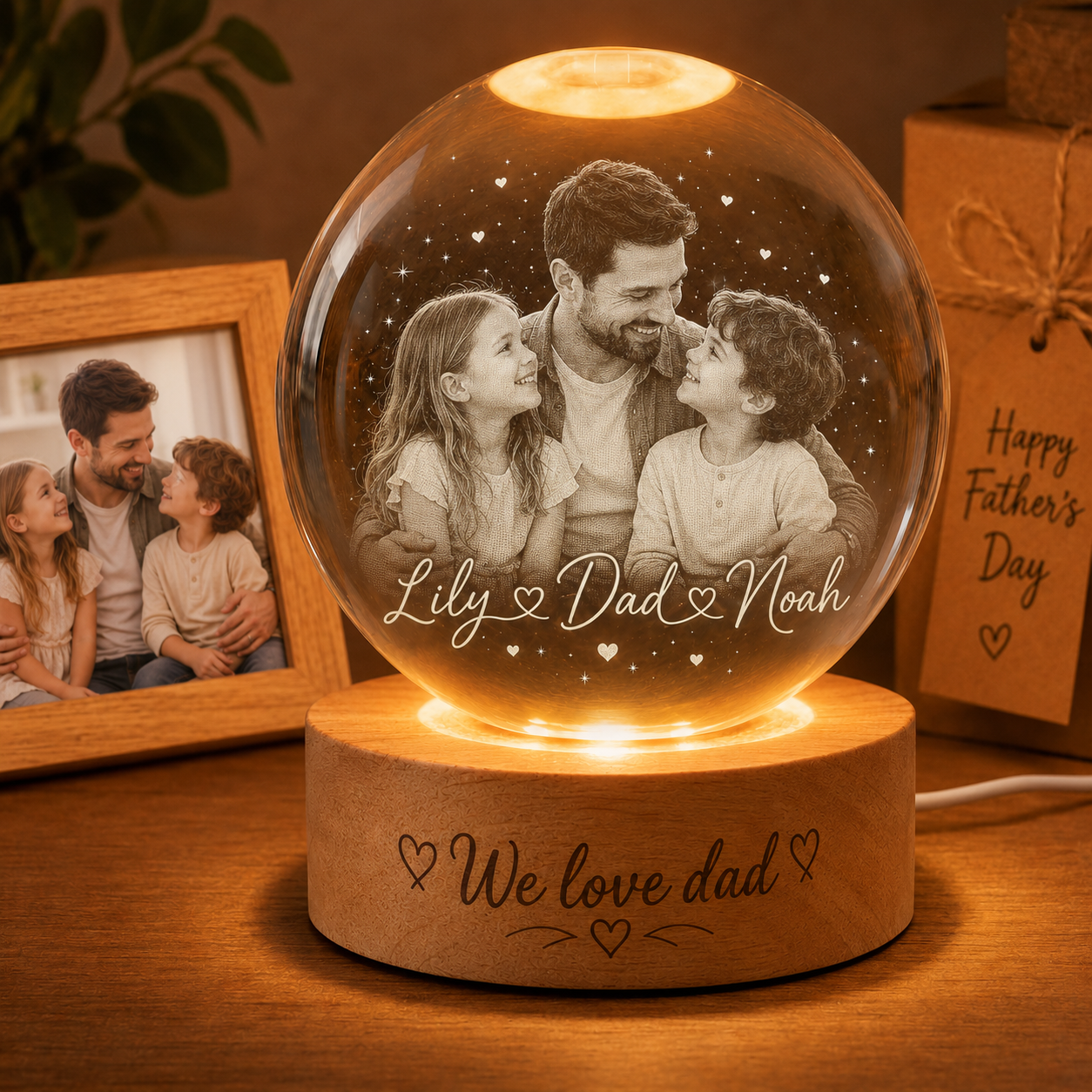 Custom Dad Crystal Night Light, Personalized Family Photo Grandpa Crystal Ball Gift THUC99