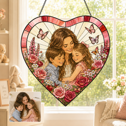 Personalized Grandma Photo Window Hanging Suncatcher, Custom Family Portrait Stained Glass Gift THUC99