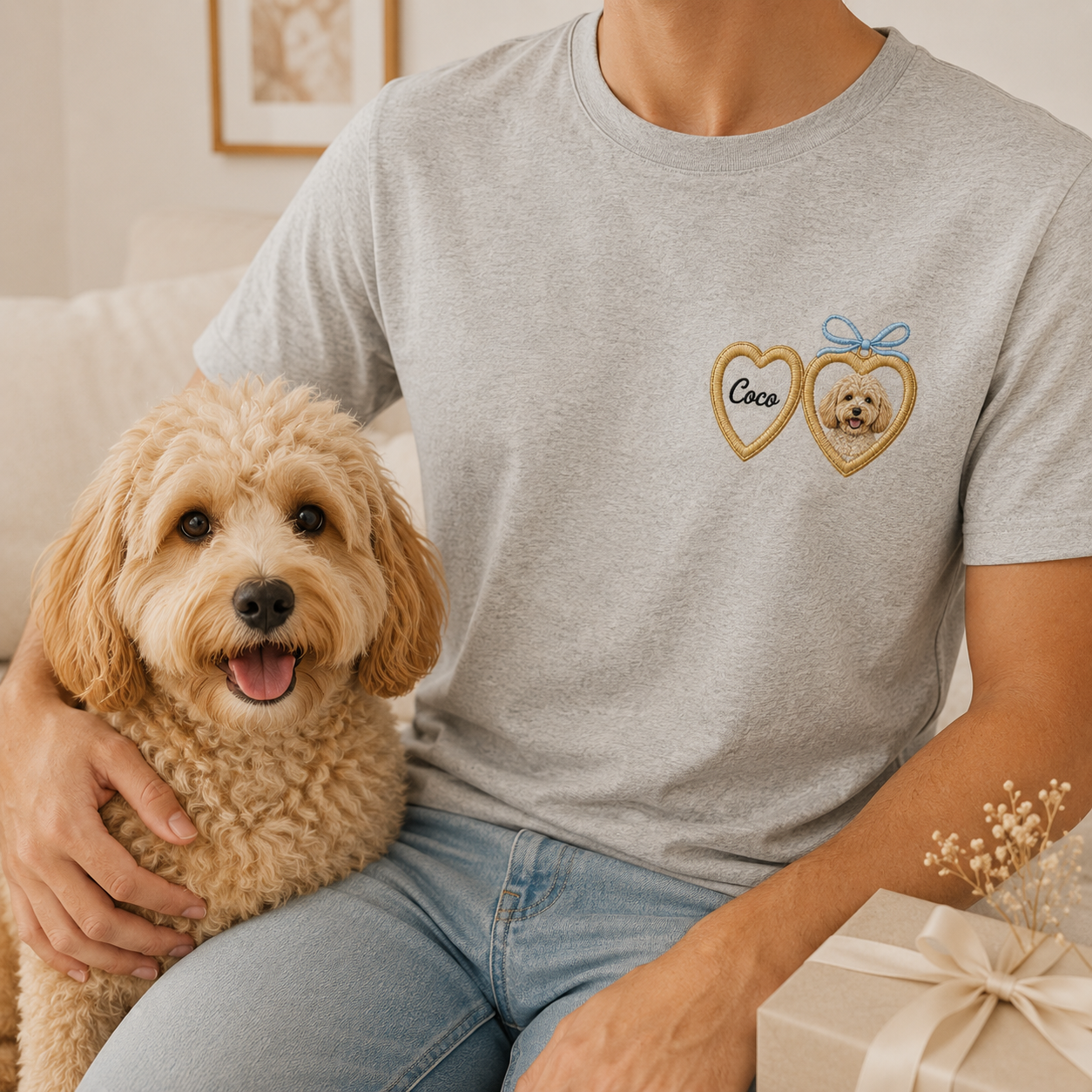 Personalized Pet Portrait Embroidered Tee, Custom Dog Photo Shirt, Gift For Dog Mom Dad THUC99