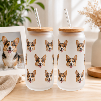 Custom Dog Photo Iced Coffee Glass – 16oz Personalized Cup with Bamboo Lid THUC99