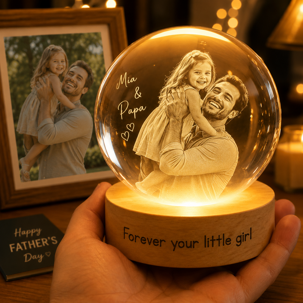 Custom Photo Best Dad Ever Crystal Ball Night Light, Personalized Gift For Dad THUC99