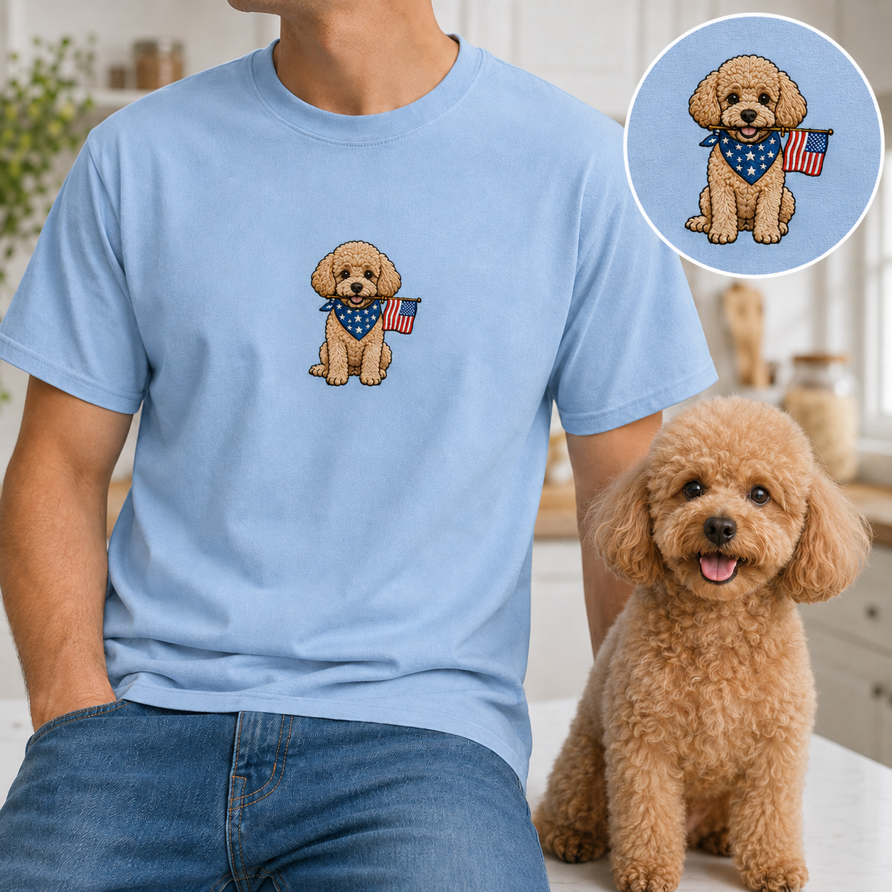 Custom Dog Photo Embroidery Tee, Personalized 250th Year America Pet Shirt, Cute Dog Mom Gift THUC99