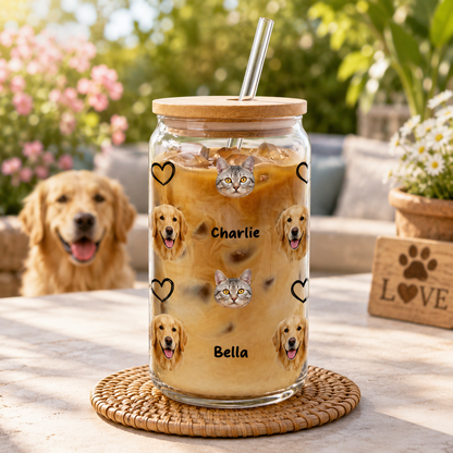 Custom Photo Dog Sipper Glass 16oz – Personalized Glass Cup with Bamboo Lid & Straw Gift For Dog Lover THUC99